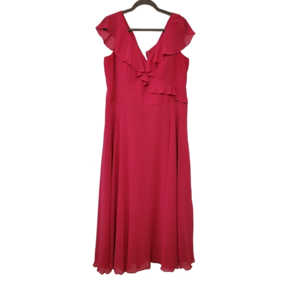 Hayley Paige Occasions Flamingo Pink Chiffon A-line Gown Ruffled V Neck, Size 22 - Picture 2 of 14